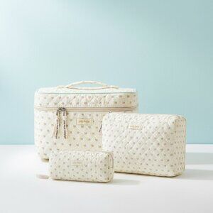 Quilted Makeup‎ Bag, 3PCS Cotton Large Travel Makeup Bag, Cute Floral